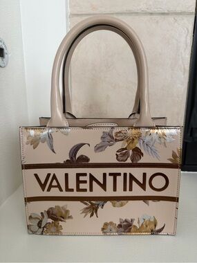 New Valentino Beige Floral Logo Tote with Brown Accents Authentic